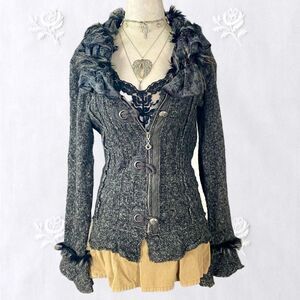 LaSeine Gray Black Witchy Goth Frilly Ruffle Feather Zip Up Flare Cardigan M